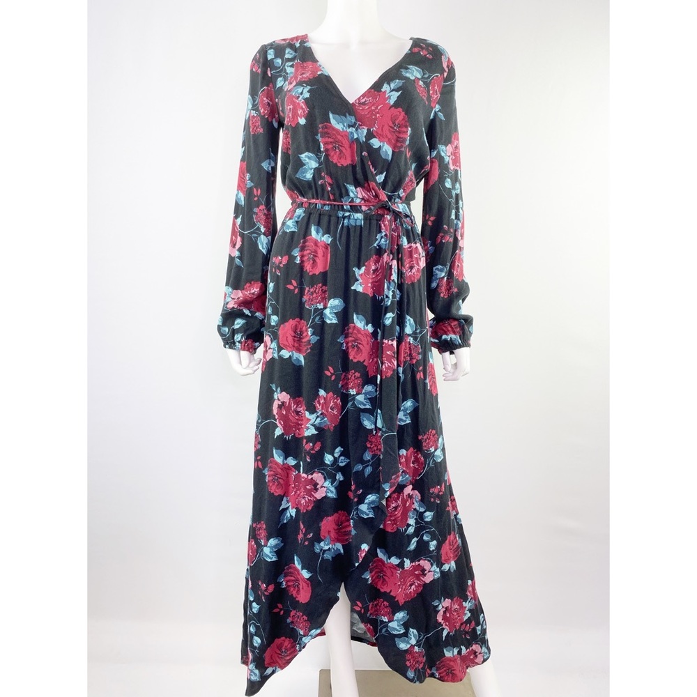 Splendid Size XS Black Floral Rose Print Long Sleeve Maxi Faux Wrap Dress